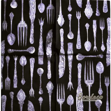 Serwetka do decoupage srebrne sztućce na czarnym tle 33x33 PPD Unikat